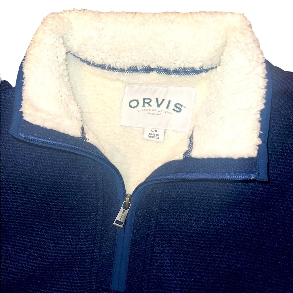 Orvis Sherpa Fleece Lined 1/4 Zip Pullover with Pockets Blue & White Size Large - Picture 10 of 12